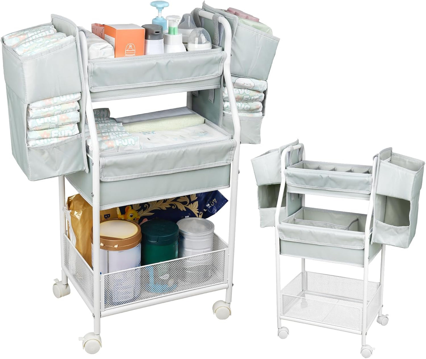 Moteph Rolling Utility Cart with Side Storage - Diaper Organizer, Nursery Essentials, and Craft Organizer (with_Side_Storage)