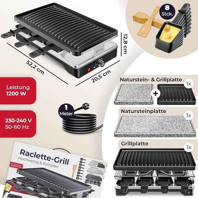 KESSER® Raclette Grill with Natural Grill Stone, Grill Plate Table Grill for 8 People, Electric Grill Raclette Grill with Non-Stick Coating, 8 Pans and Wooden Spatula 1200W (Black)