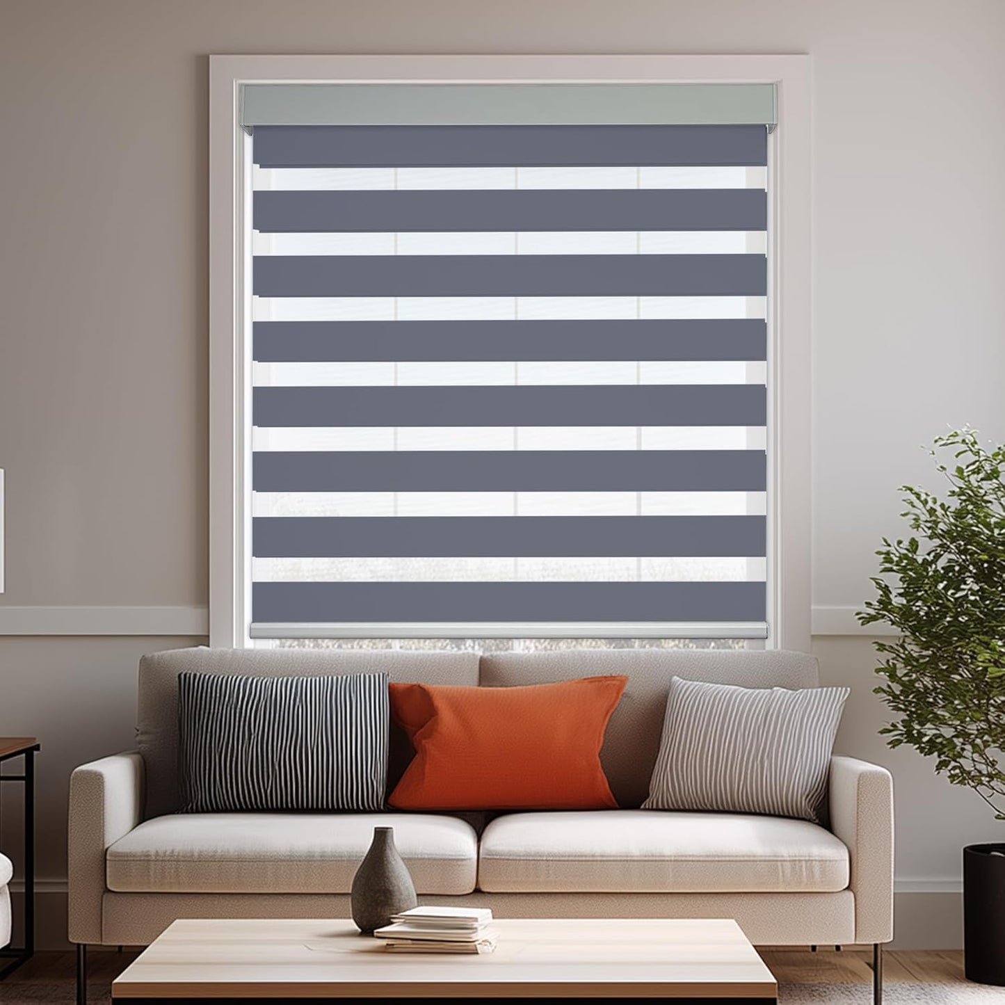 HESTIA Cordless Zebra Blinds Light Filtering Roller Shades UV Blocking Blackout Privacy Indoor Window Blind for Home Office Day and Night, Blue Grey,37" W x 48" H