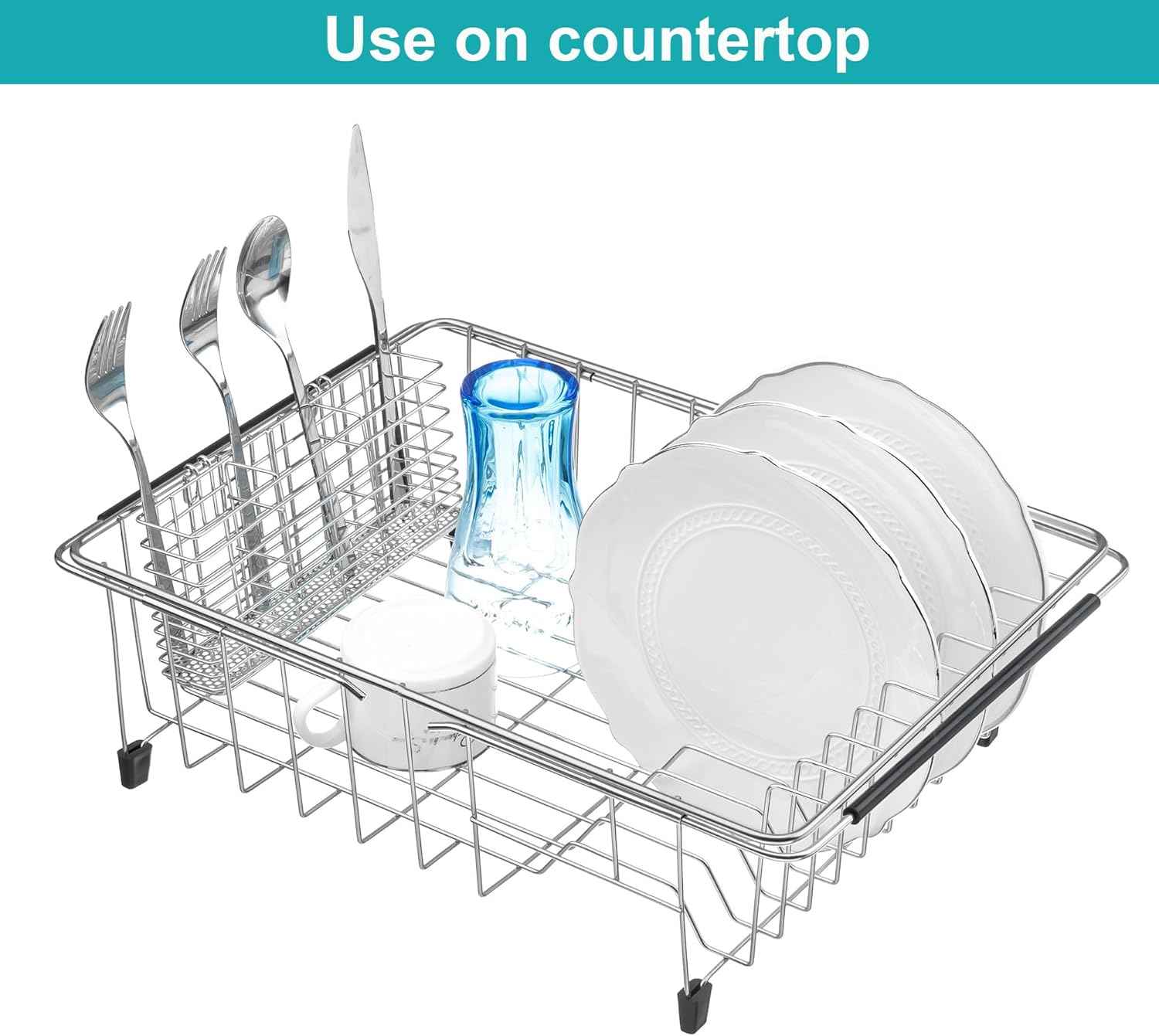 iPEGTOP Expandable Dish Drying Rack Over Sink, Rustproof Stainless Steel Basket Shelf, Multifunctional Dish Drainer Organizer with Utensil Cutlery Holder