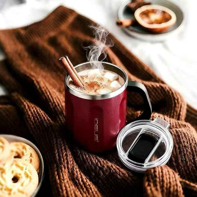 Ideus 16 oz Coffee Cup, Stainless Steel Coffee Travel Mug, Spill Proof Tea Mug with Handle and Lid, Lightweight and Durable, Great for Office Home and Outdoor Use, Burgundy-FUJI FLOW