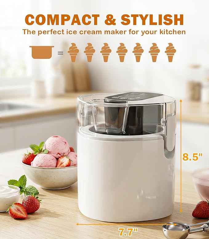 Ice Cream Maker Machine, 1.52 Quarts Ice Cream, Sorbet and Frozen Yogurt Machine, 1.52-Qt Insulated Freezer Bowl, LCD Screen and Timer, Quick Results, Easy to Operate and Clean
