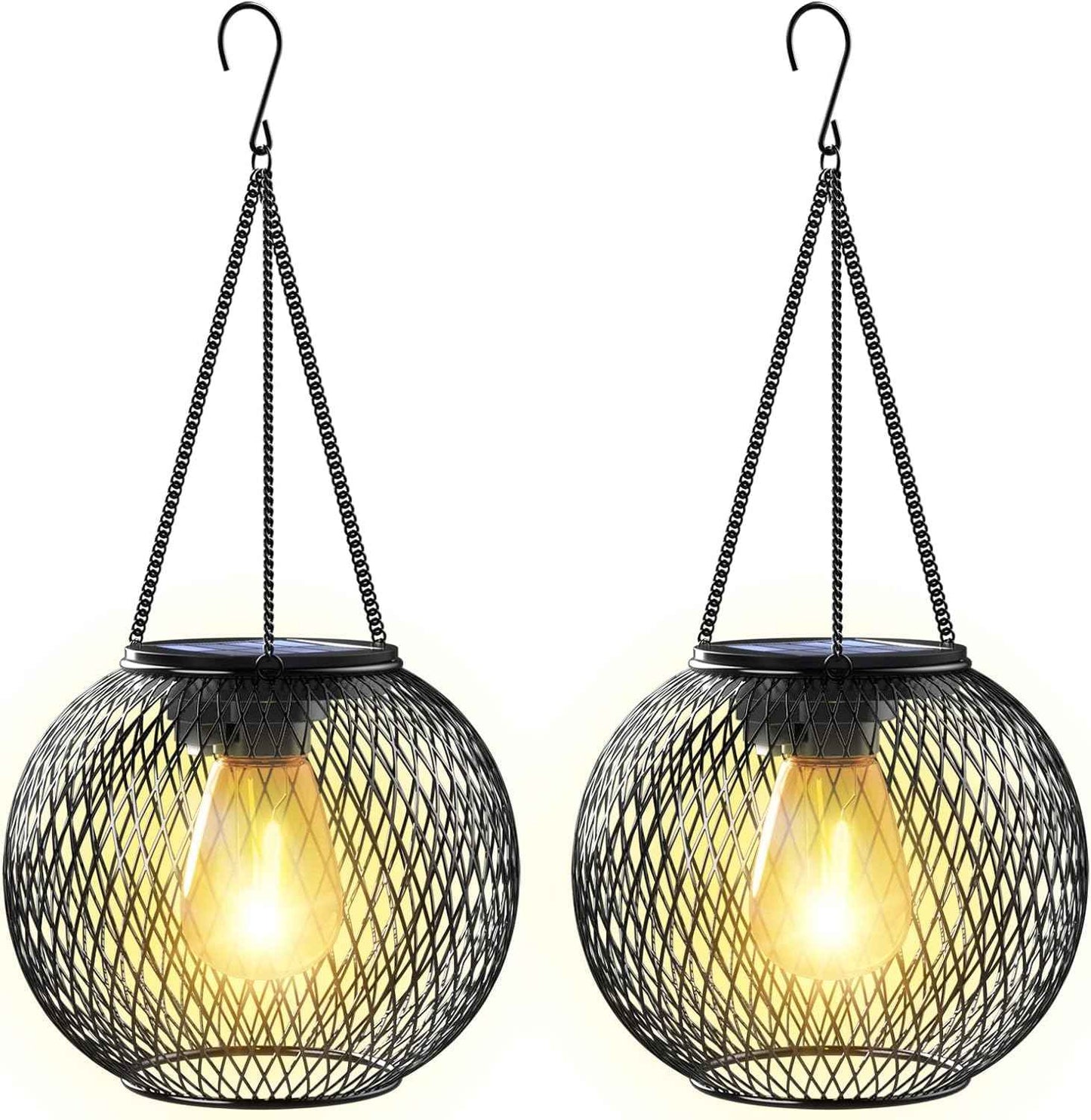Solar Lantern Outdoor, Upgraded Hanging Lights Outdoor Garden Metal Lanterns Decorative Lighting Powered Waterproof Tree for Yard Patio Pathway, 2 Pack, Black