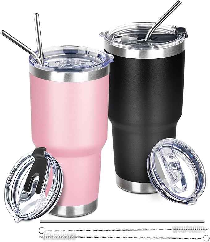 30 oz Tumbler with Lids and Straws Double Wall Vacuum Insulated Tumbler,Stainless Steel Leak-proof Tumbler Cup Powder Coated Travel Coffee Mug for Cold and Hot Drinks,Black Pink,2 pack