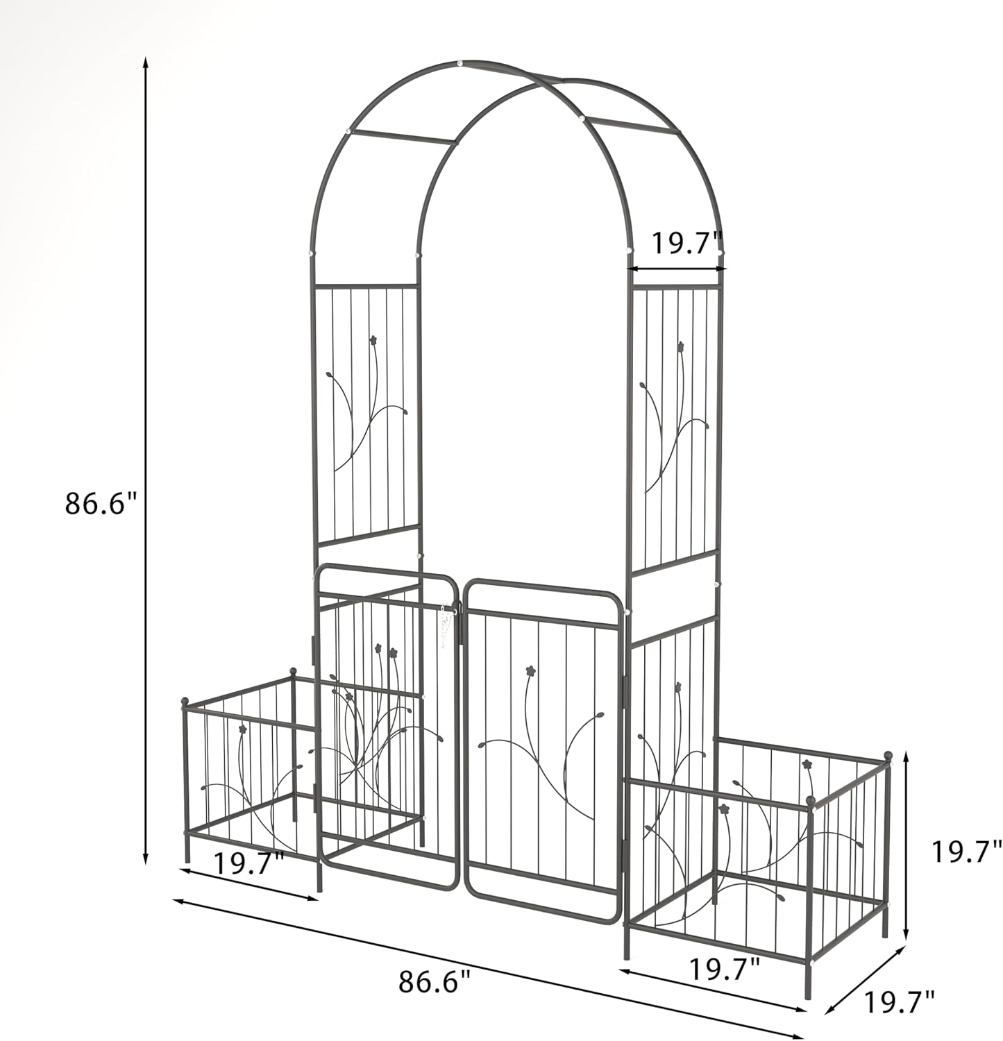 86.6" H Metal Garden Arbor with Gate & Planter Boxes, Black Arch Trellis for Climbing Plants Roses Vines, Outdoor Wedding Archway for Lawn Patio Backyard