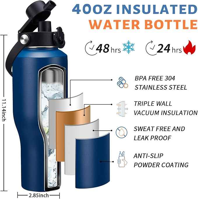 40oz Water Bottle with Straw - Vacuum Stainless Steel Insulated Cups w/Survival Paracord Handle & Carrier Bag, Skinny Water Bottle Insulated Water Bottle Fits in Cup Holder for Travel Drive