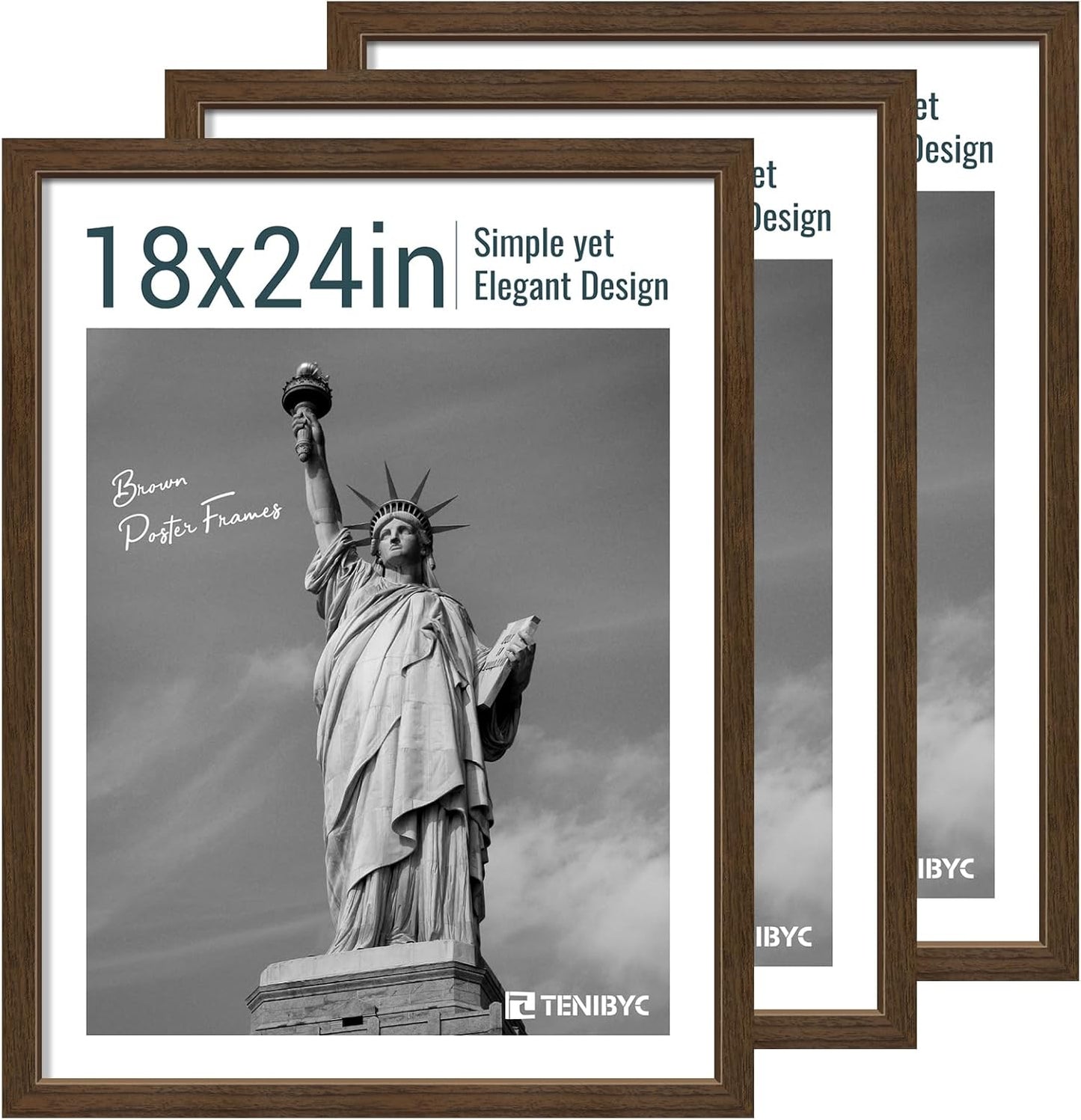 18x24 Poster Frame 3 Pack - Brown Woodgrain, Wood Picture frame, Gallery Picture Frame - Wall Hanging