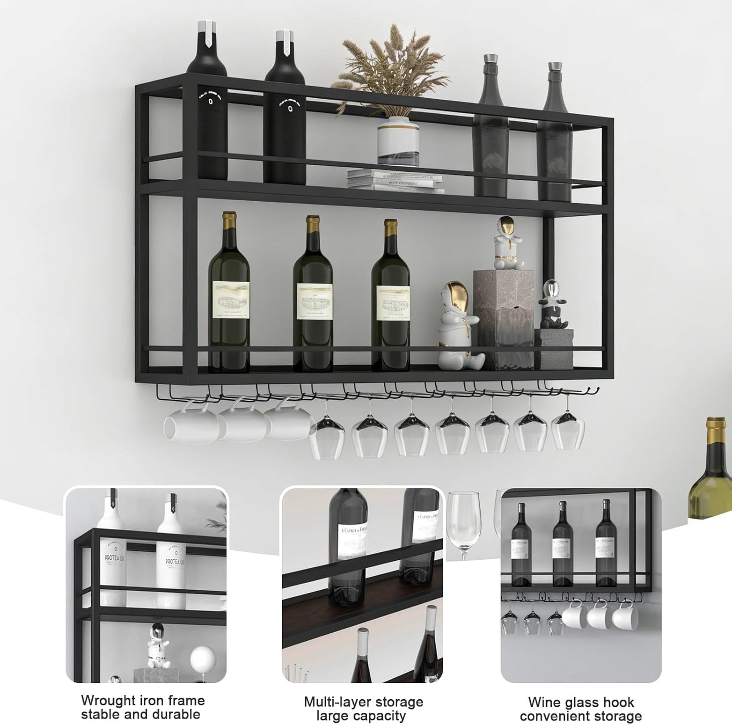 Industrial Wall Mounted Wine Rack, 2-Tier Wood Wine Bottle Shelf with Stemware Rack, Black Wine Glass Rack Multi Functional Wine Storage Display Rack for Home Bar Dining Room Kitchen (31.4×7.8×26in)