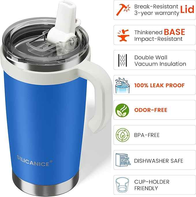 For Iced Coffee & Smoothies – Never Drink from a Moldy Lid Again: 20oz Hygienic Tumbler, 100% Leakproof Lid & Removable Foldable Spout. Reinforced Base, Fits Cup Holders - Blue