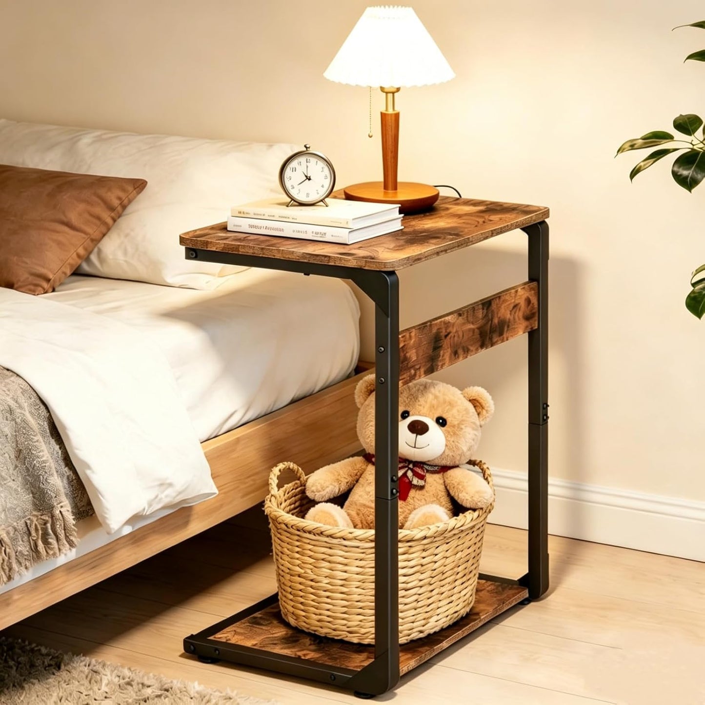 Wood Pedestal Sofa Side Tables Set of 2 Small Nightstand C Shaped End Table TV Trays on Couch Stands TV Tray Tables Slide Under Night Stand Over Bed Living Room Bedroom Bedside Rustic Brown ET-YB-BRW2