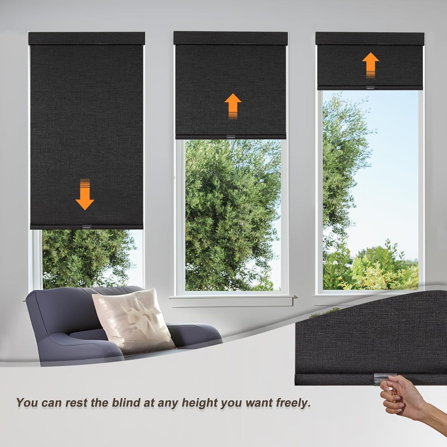 Persilux Free-Stop Cordless Blinds for Indoor Windows with Cover, Window Shades Blackout Roller Blinds, Thermal Insulated Fabric UV Protection for Kitchen, Office, Living Room, Black(32.5" W x 56" H)