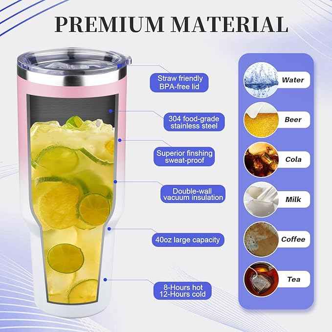40 oz Tumbler with Lids and Straws Double Wall Vacuum Insulated Tumbler Cup,Stainless Steel Leak-proof Thermal Tumbler Powder Coated Travel Coffee Mug for Cold and Hot Drinks,Pink White