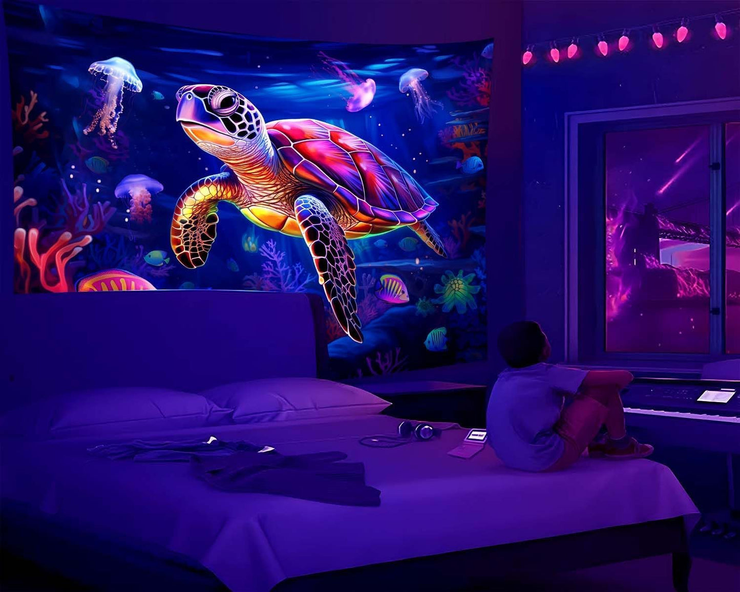 QGHOT Turtle Tapestry, Blacklight Ocean Tapestry Wall Hanging Undersea Black Light Poster for Kids Glow in the Dark for Bedroom Children Toddler Room Decor 80x60in