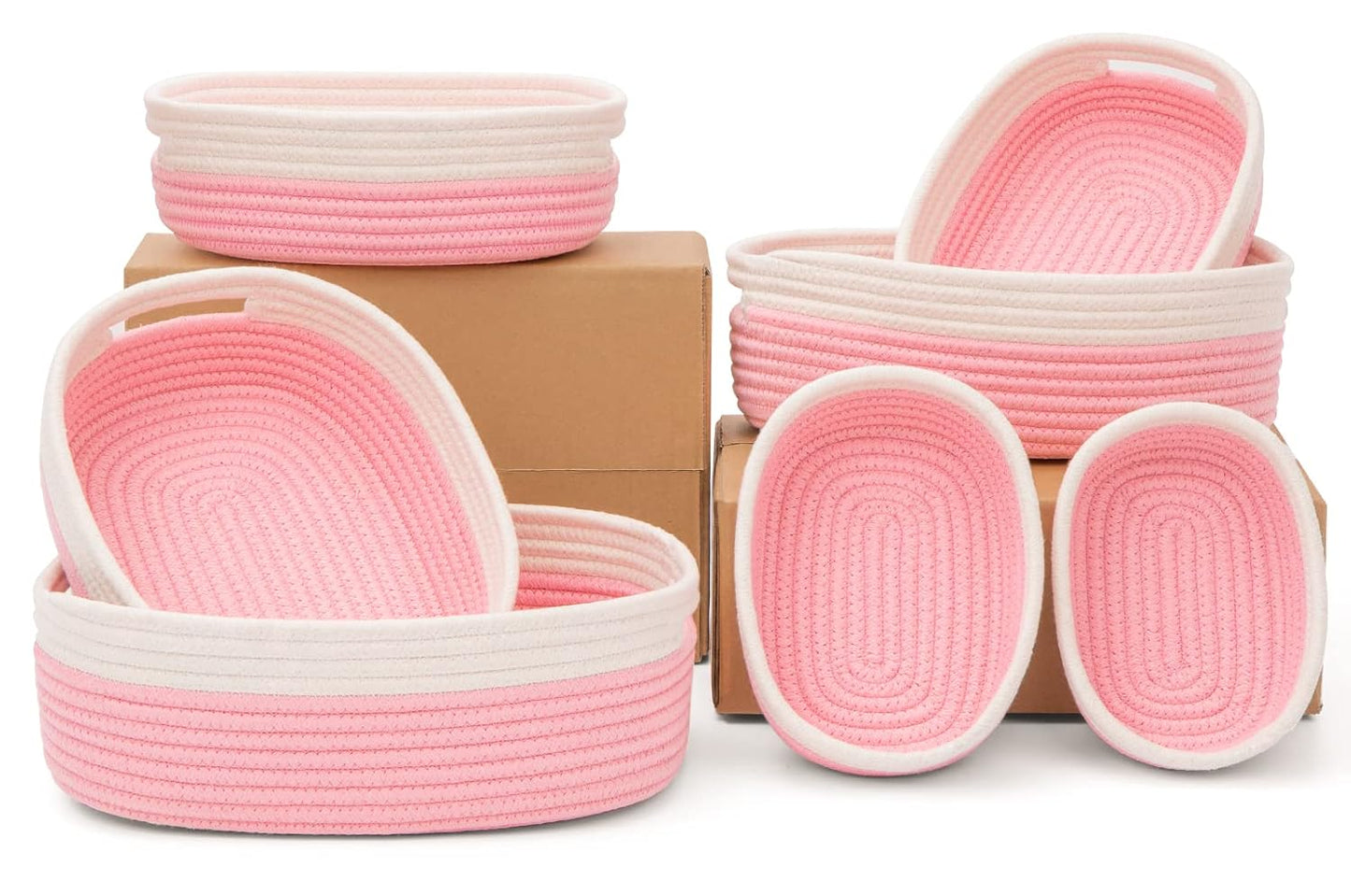 7 Piece Cotton Rope Woven Basket Set - Small Basket for Baby Nursery, Pets, Montessori, Dog & Cat Toy Boxes, Bathroom Organization Bins (White/Pink)