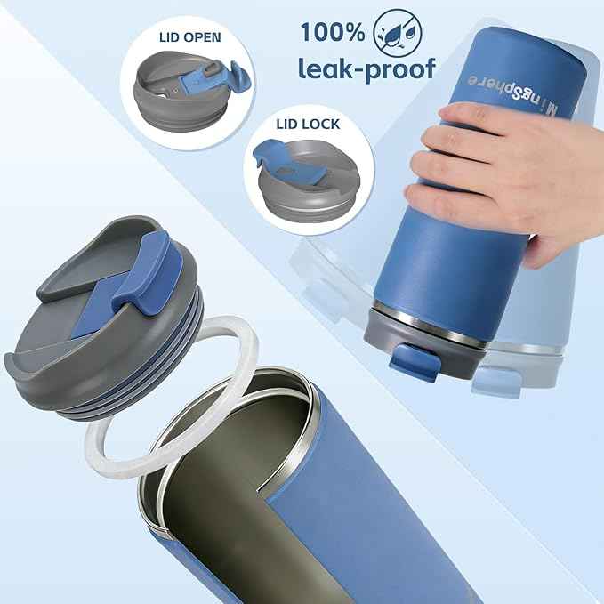 Travel Coffee Mug with Lid, 12 oz Insulated Tumbler, Leak Proof Stainless Steel Cup, for Hot Coffee, Iced Tea & Water, BPA Free, Car Cups Holder Friendly, Blue