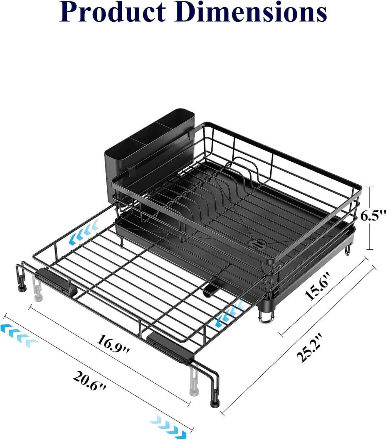 Kitsure Extendable Dish Drying Rack - Rust-Resistant Dish Racks for Kitchen Counter with Adjustable Support Legs, Cutlery Holder & Removable Draining Tray (Black, 15.6''-25.2''L × 16.9''W × 8.1''H)