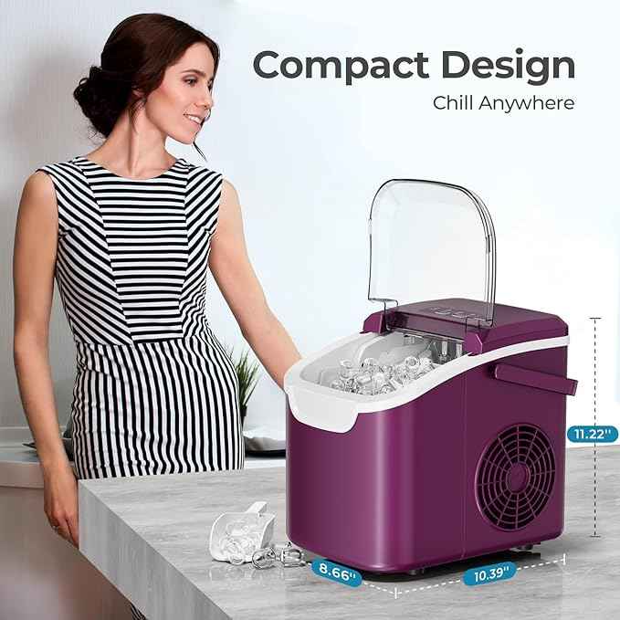 Countertop Ice Maker Machine, 8 Ice Cubes in 6 mins, 26lb/Day Bullet Ice with 2 Sizes- Portable Mini, Energy Saving & Basket/Scoop for Home/Party/Travel/Camping/Bar,Purple