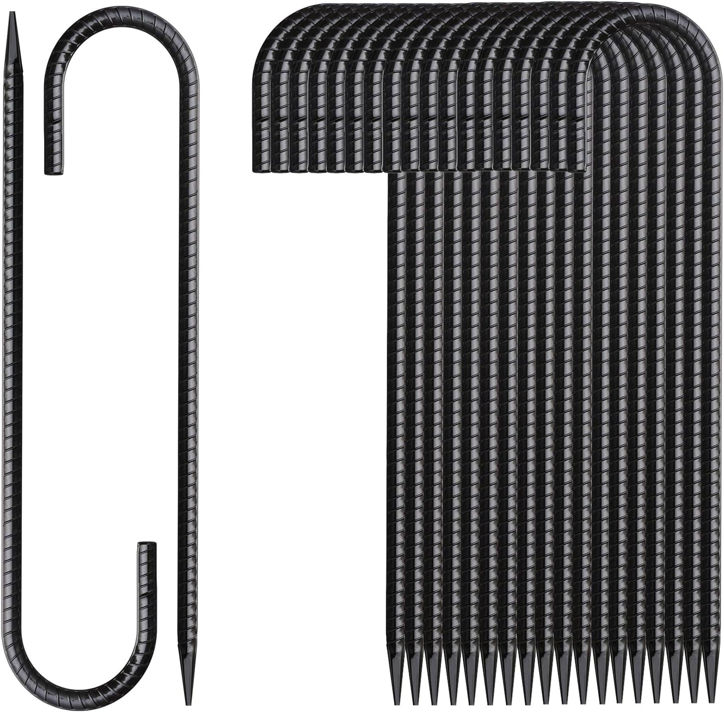 Rebar Stakes 16 Inch 20 Pack J Hook Ground Stakes Heavy Duty Tent Stakes Chain Link Fence Stakes with Chisel Point End Galvanized Steel Ground Anchors Metal Spikes Black Coated