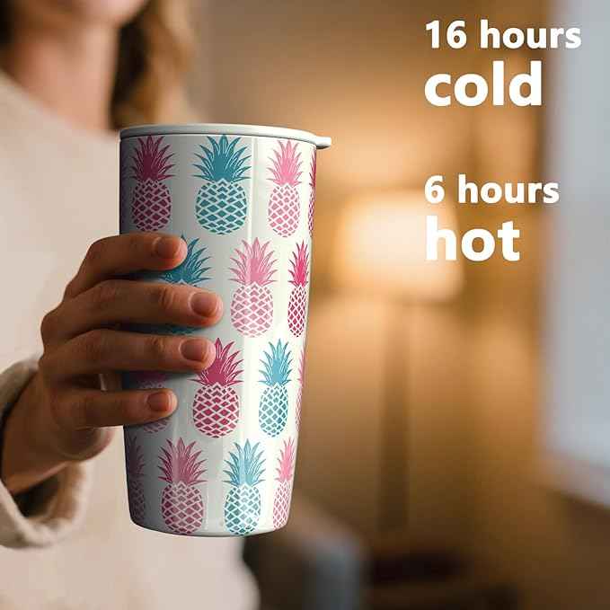 TILUCK 20 oz Insulated Tumbler with BPA-Free Lid, Stainless Steel Vacuum Travel Coffee Mug, Double Wall Coffee Tumbler（20oz，Pineapple）