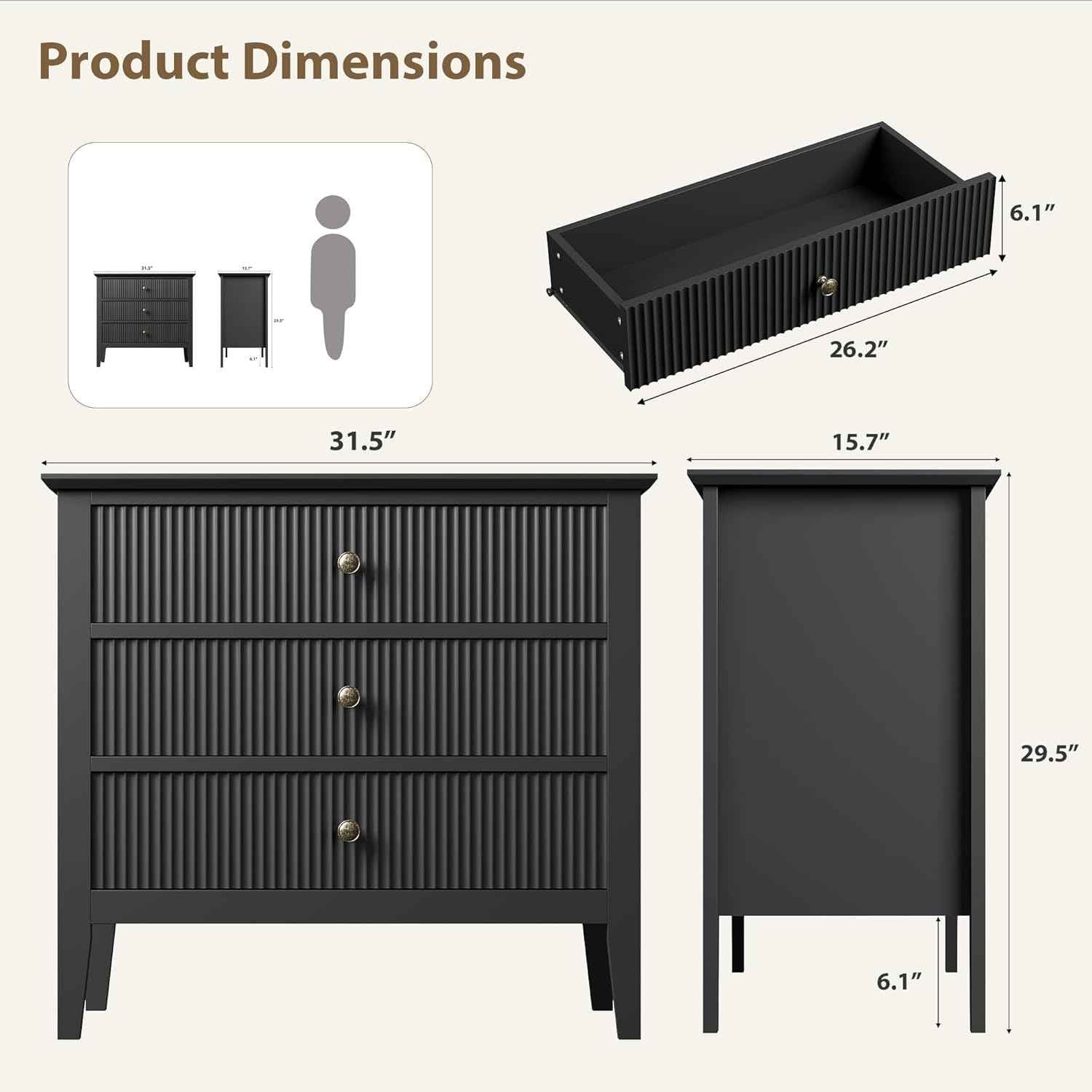 Fluted 3 Drawer Dresser, 31.5 in Wide Dresser Nightstand for Bedroom, Modern Wood Chest of Drawers, Large Painted Nightstand with 3 Drawers for Closet, Hallway, Entryway