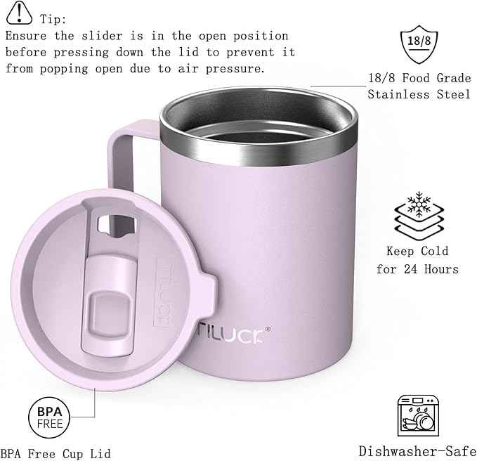 TILUCK 12 oz Insulated Coffee Mug with Lid, Double Wall Vacuum Insulated Travel Mug Cup with Handle for Hot or Cold Drinks（12oz，Matte LightPurple）