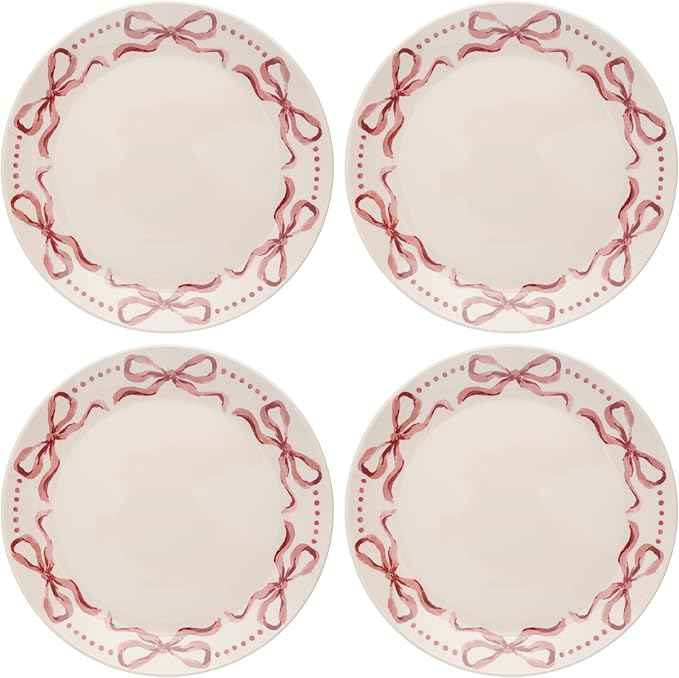 Karma, 8.75 inches Melamine Salad Plates Set of 4, Reusable Dishwasher Safe Plates for Outdoor and Indoor, Pink Bows