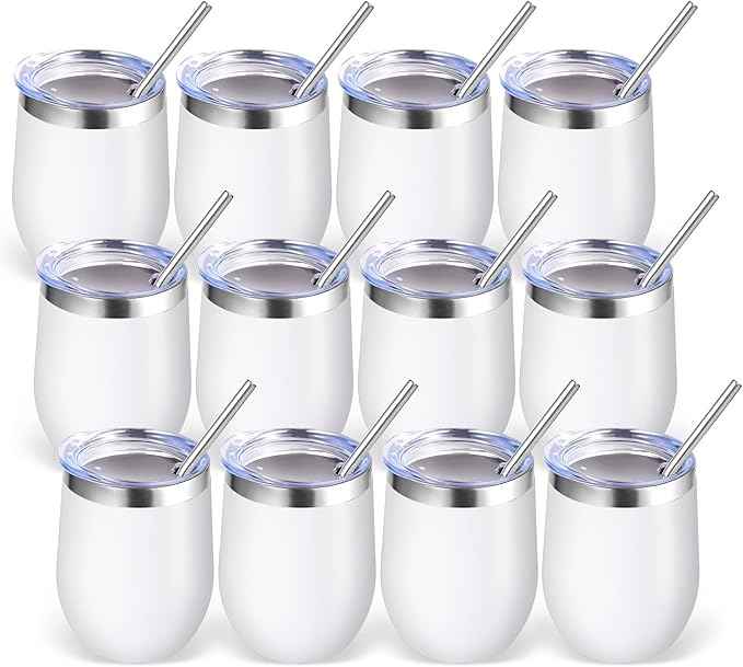 Volhoply 12oz Stainless Steel Wine Tumbler with Lid Bulk 12 Pack,Double Wall Vacuum Stemless Wine Glasses,Reusable Metal Travel Coffe Mug with Straw,Insulated Cups Gifts for Christmas（White,12 Set）