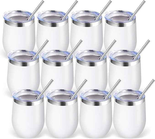 Volhoply 12oz Stainless Steel Wine Tumbler with Lid Bulk 12 Pack,Double Wall Vacuum Stemless Wine Glasses,Reusable Metal Travel Coffe Mug with Straw,Insulated Cups Gifts for Christmas（White,12 Set）