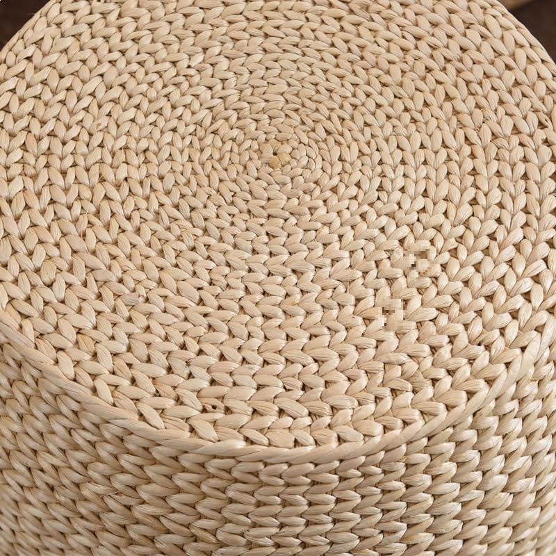 Solid Wood Straw Round Pouf Ottoman, Small Handwoven Boho Extra Seat, Low Tatami Ottoman Footrest for Living Room Bedroom Patio Garden (12.2"x12.2"x8.7")