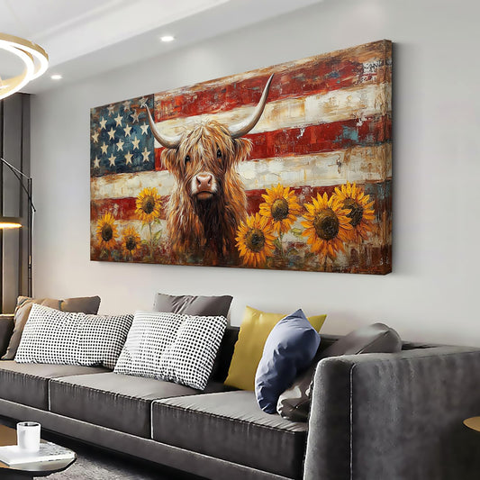 LASMOND Country Highland Cow Wall Art for Living Room Rustic Retro Vintage American Flag Sunflower Canvas Painting Prints Highland Cattle Artwork Farmhouse Bedroom Office Decor (58x28 Inches)