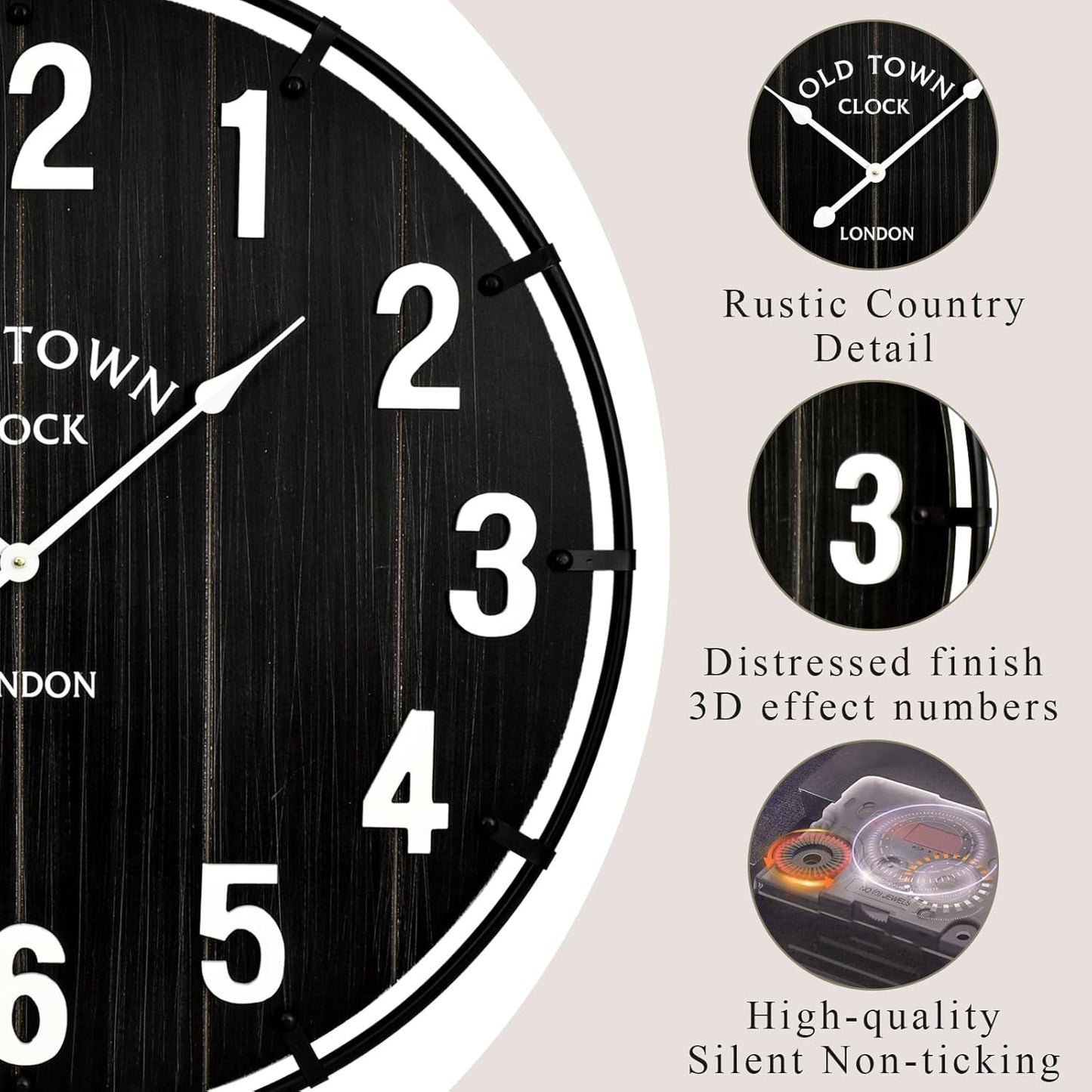 Farmhouse Black 24 Inch Wooden Large Wall Clock, Silent Non-Ticking Quartz Movement, Battery Operated Modern Rustic Clock for Living Room, Kitchen, Office, Home Decor