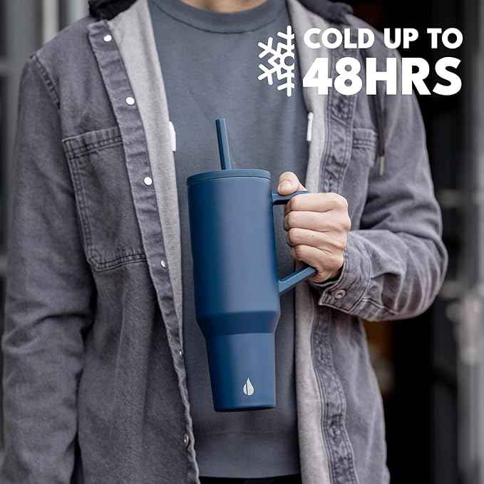 Elemental 40 oz Tumbler with Handle and Straw - Spill Proof Insulated Stainless Steel Commuter for Cold Beverages - Travel Coffee Mug with 2 Straws & Spill Proof Lid - 40oz - Navy Blue