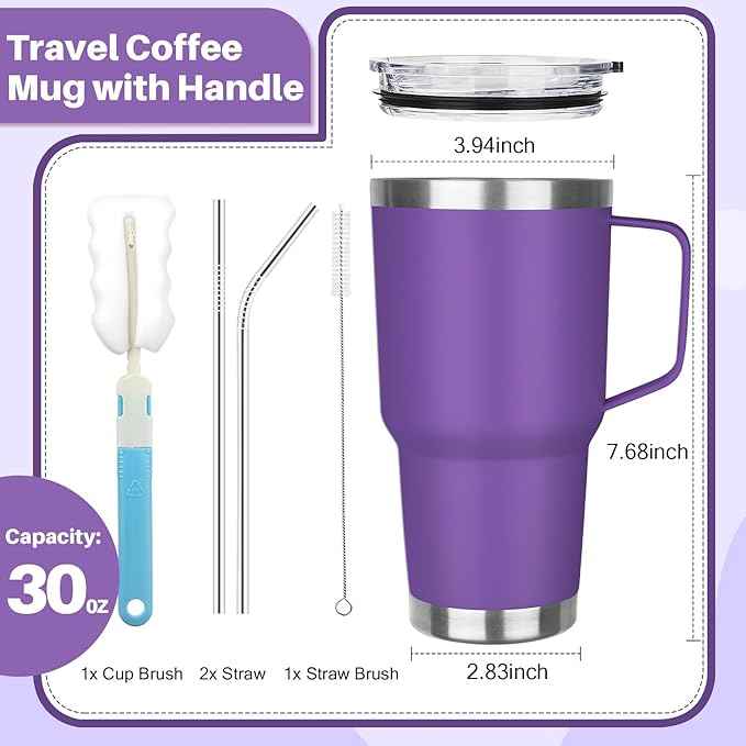 30 oz Stainless Steel Insulated Tumbler with Handle, Lid and Straw, Double Wall Vacuum Insulated Coffee Mug, Insulated Coffee Thermal Cup for Cold and Hot (Purple)