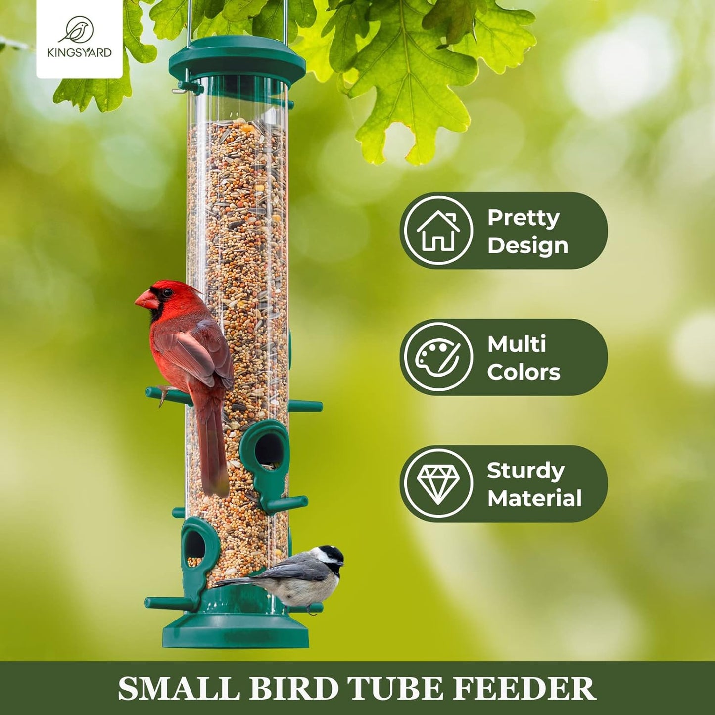Kingsyard 2 Pack Tube Bird Feeders for Outdoors Hanging, Premium Hard Plastic Bird Feeder with 6 Feeding Ports, Weatherproof & Steel Hanger, Attracting for Wild Birds (Green)