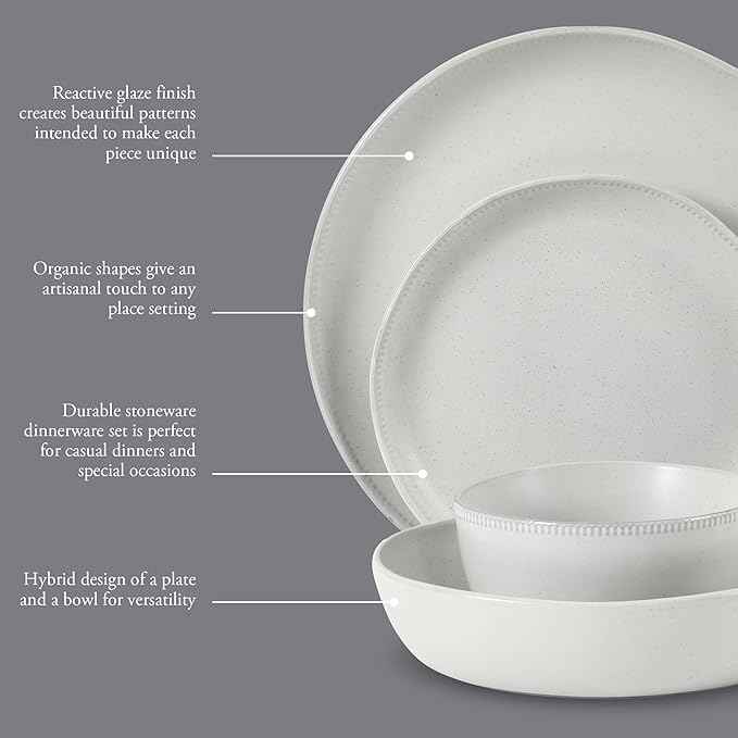 Gibson Elite Menlo Park 16-Piece Pottery Clay Stoneware Dinnerware Set – White Reactive Glaze, Embossed Plates and Bowls W/Pasta Bowl, Service for 4 – Microwave & Dishwasher Safe