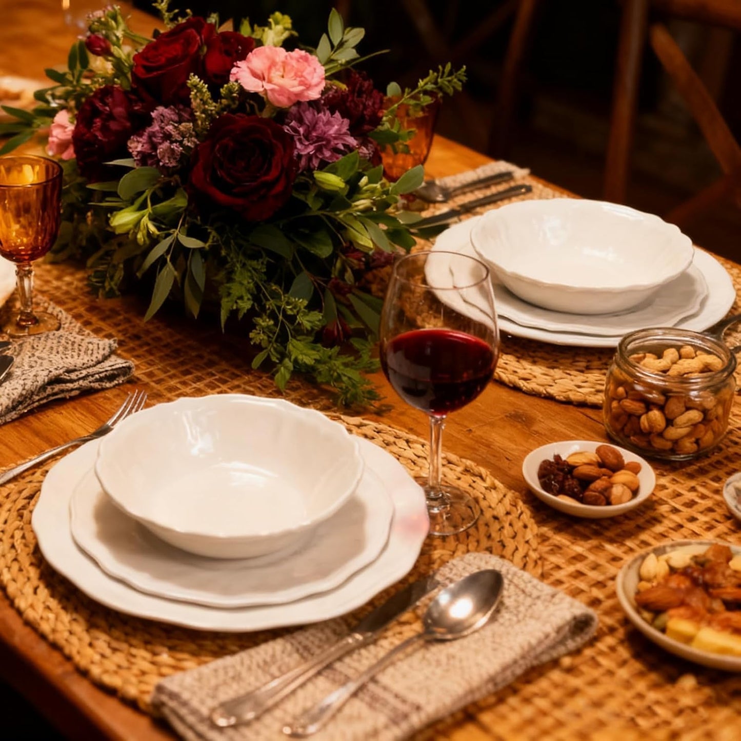 12-Piece Melamine Plastic Dinnerware Set - Large Plates and Bowls with Scalloped Edge and Textured Surface for 4 - Dishwasher Safe, Non-Breakable, Perfect for Family Meals and Parties - White