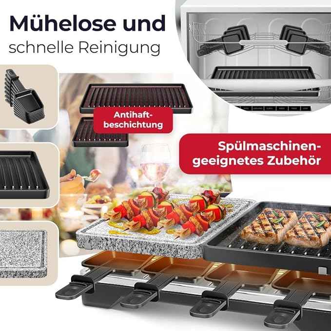 KESSER® Raclette Grill with Natural Grill Stone, Grill Plate Table Grill for 8 People, Electric Grill Raclette Grill with Non-Stick Coating, 8 Pans and Wooden Spatula 1200W (Black)
