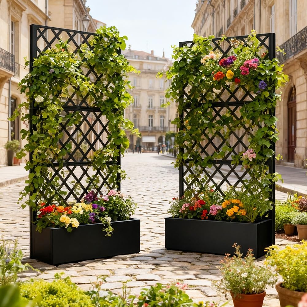Metal Planter Box with Privacy Screen Trellis,Galvanized Raised Garden Bed On Wheels for Climbing Plants Vines, Standing Garden Flower Bed with Drainage Holes (Black, 35" L x16 W x 73" H)