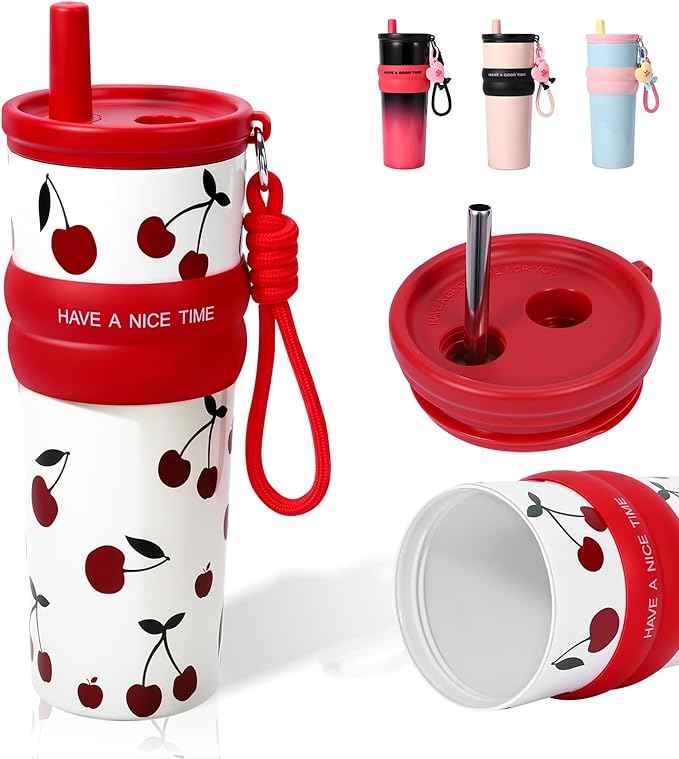 24 oz Stainless Steel Tumbler with Straw, Water Bottle Leak Proof for Hot and Cold, iced Insulated Coffee Travel Mug, Cherry Ceramic Lined Tumbler, Reusable Thermal Coffee Cup Gift for Women