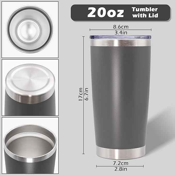 AIANJI 20oz Tumbler Bulk Stainless Steel Tumblers with Lid Vacuum Insulated Double Wall Travel Coffee Mug Powder Coated Tumbler Cup for Hot and Cold Drinks(Grey, 1 pack)