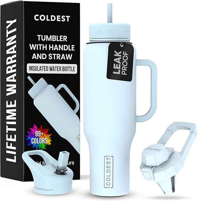 Coldest Tumbler with Handle and Straw - 100% Leak Proof Insulated Tumbler with Lid and Straw (3 Lids) - Stainless Steel Tumblers for Women & Men - Cup Holder Friendly Base, 46 oz (Morning Mist)