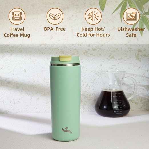 Konokyo Tumbler with Lid, 16 oz Travel Coffee Mug Double Wall Vacuum Stainless Steel Thermal Metal Cup Insulated Water Bottle,Macaron Green