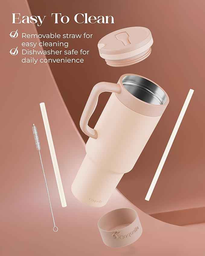40 oz Insulated Tumbler with Handle and Push-Button Straw Lid, Stainless Steel Travel Cup for Gym Office, Leakproof, BPA-Free, Cup Holder Friendly, Bow Silicone Boot, Beige (Cream Latte)