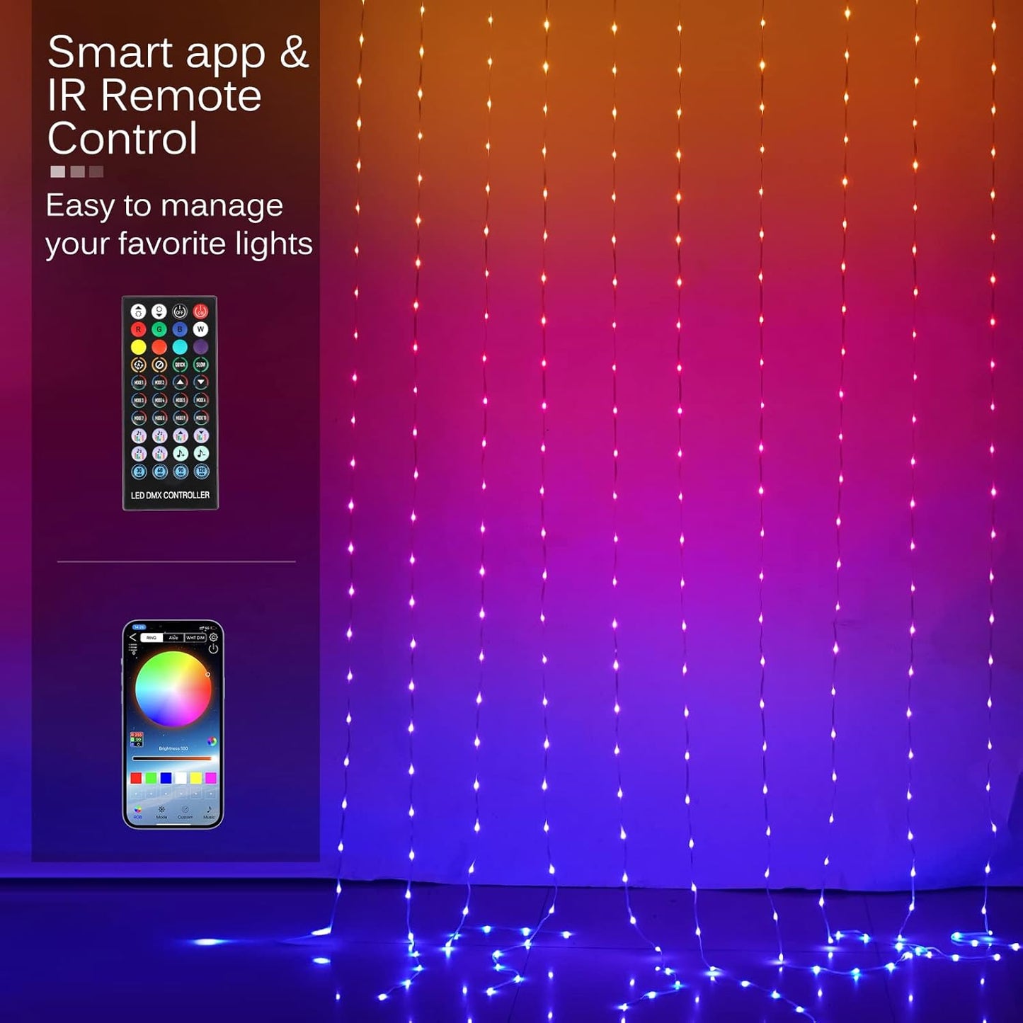 Curtain Lights, 10ft x 6ft 300 LED RGB Color Changing String Fairy Lights Curtain Waterproof, Smart APP & IR Control, 200+ Scene Modes for Bedroom Backdrop Indoor Outdoor Christmas Decoration
