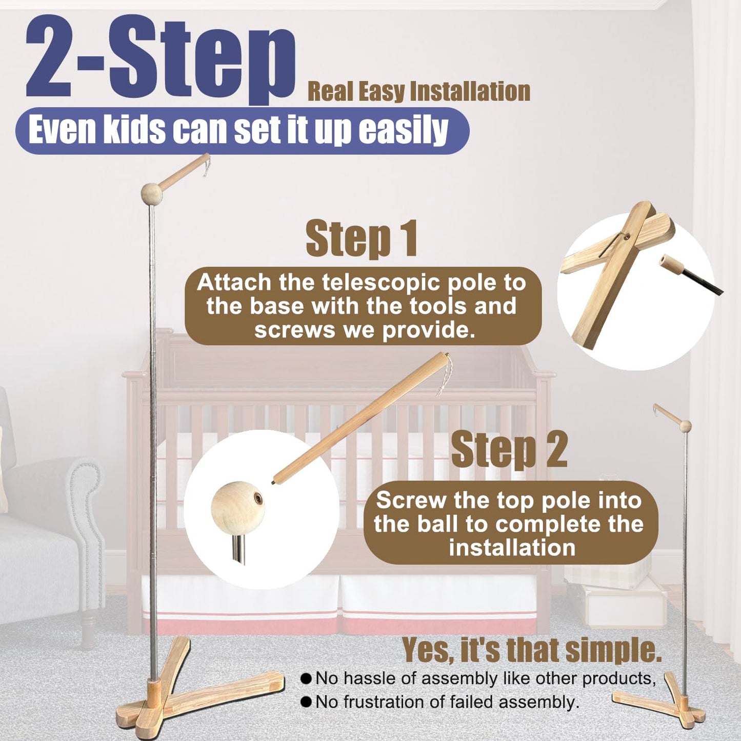 Crib Mobile Wooden Arm, Suitable for All Cribs 100% Natural Larch Hanger Nusery Decor Baby Room Safe Holder(Mobile is not Included (Standing Arm)