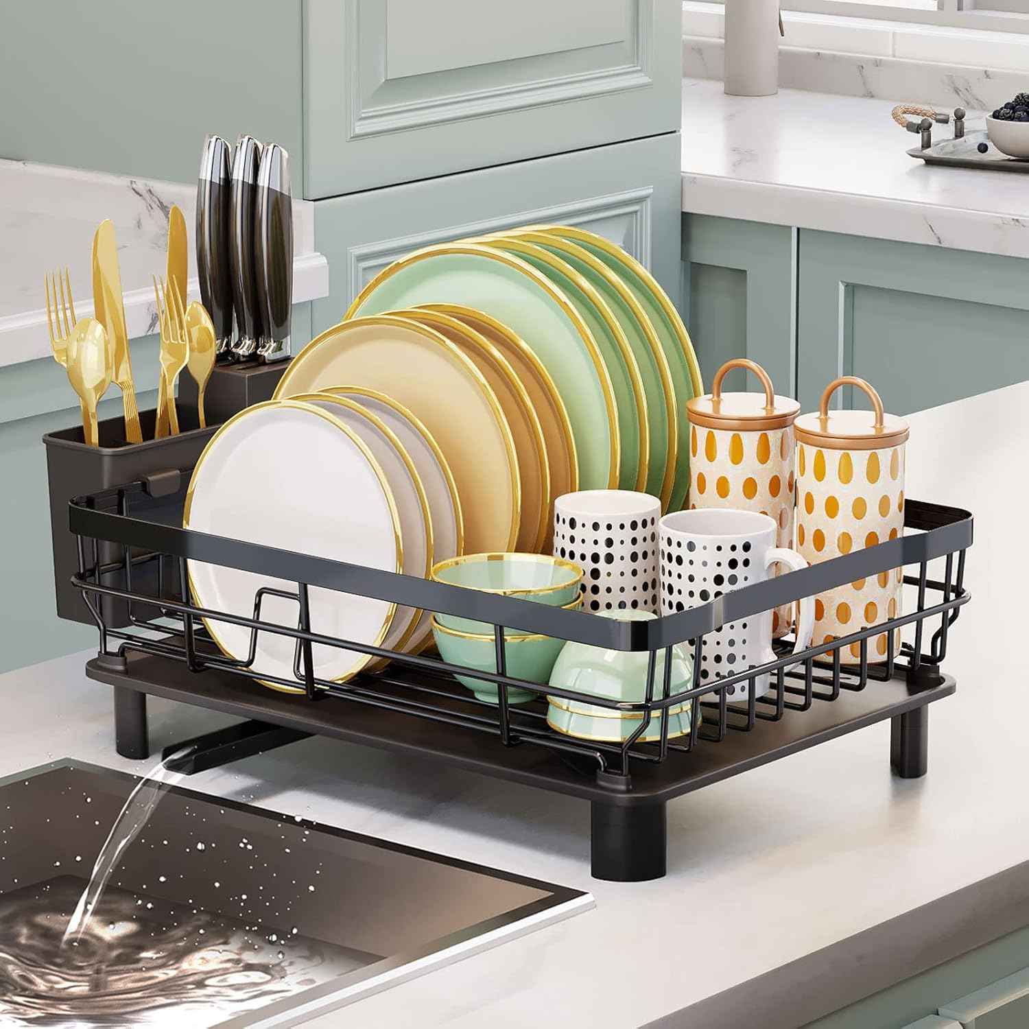 AIDERLY Iron Dish Drying Rack with Drainboard Dish Drainers for Kitchen Counter Extendable Spout Strainers with Utensil Holder and Knife Slots, Black