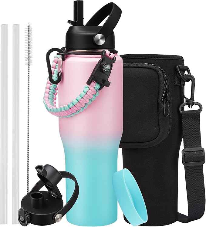 Insulated Water Bottle 32OZ That Fits in Cup Holder - Stainless Steel Water Bottle with Straw & Spout Lids, Paracord Handle, Carrying Case with Strap, Double Wall Vacuum Thermo Coffee Mug