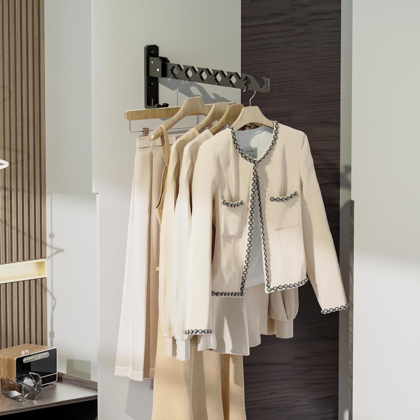 Dr.DJ Wall Mount Coat Hanger Holder Black Clothes Drying Organizer Rack Garment Hooks Aluminium Retractable Folding Indoor Wall Mounted Hanger for Laundry Room Bedroom Black 2Pack with 80cm Rod