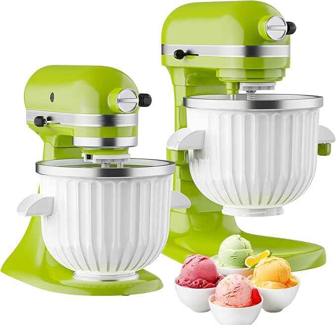 Ice Cream Maker Attachment for KitchenAid Stand Mixer, Compatible with 4.5/5Qt & Larger KitchenAid Stand Mixer, 2 Quart Frozen Ice Cream Bowl, Yogurt & Sorbet Gelato, White