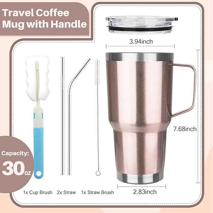 30 oz Stainless Steel Tumbler with Handle, Double Wall Vacuum Insulated Coffee Mug Tumbler with Lid and Straw, Thermal Cup for Cold and Hot (Rose Gold)